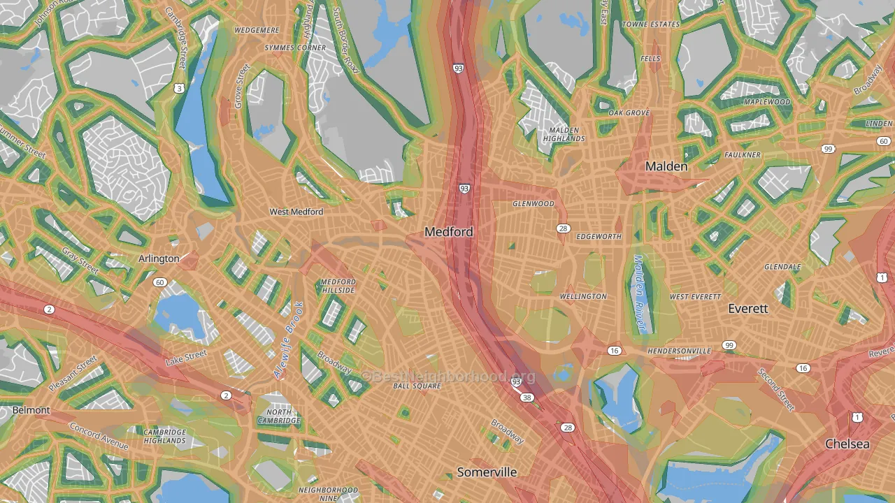 Medford, MA Map of Noise Levels in Medford