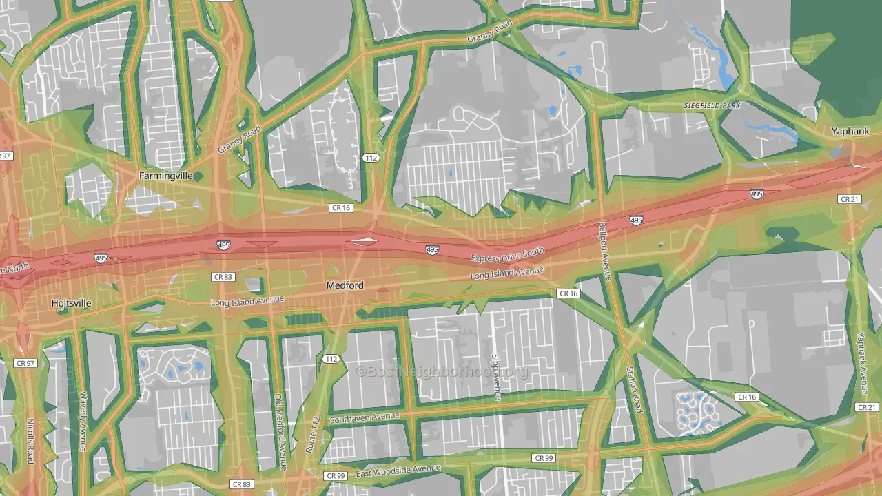 Medford, NY Map of Noise Levels in Medford