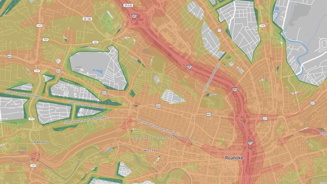 Melrose-Rugby, Roanoke, VA Map of Noise Levels in Melrose-Rugby
