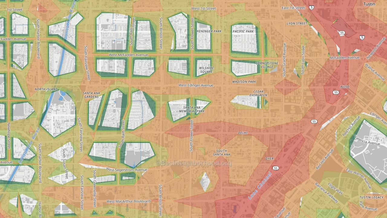 Memorial Park, Santa Ana, CA Map of Noise Levels in Memorial Park