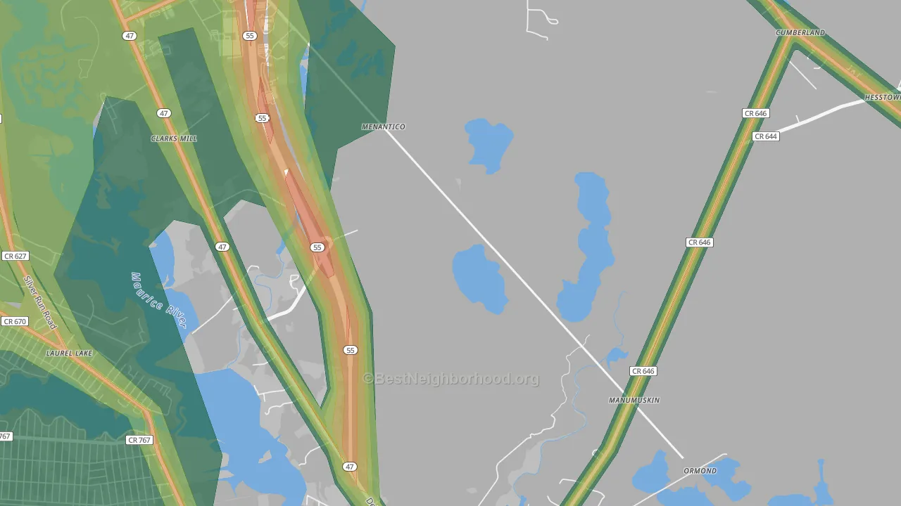 Menantico, NJ Map of Noise Levels in Menantico