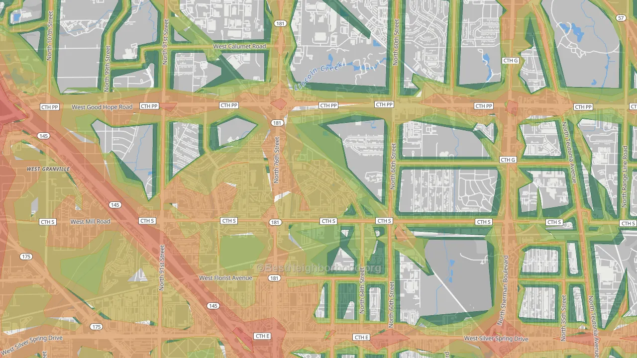 Menomonee River Hills East, Milwaukee, WI Map of Noise Levels in Menomonee River Hills East