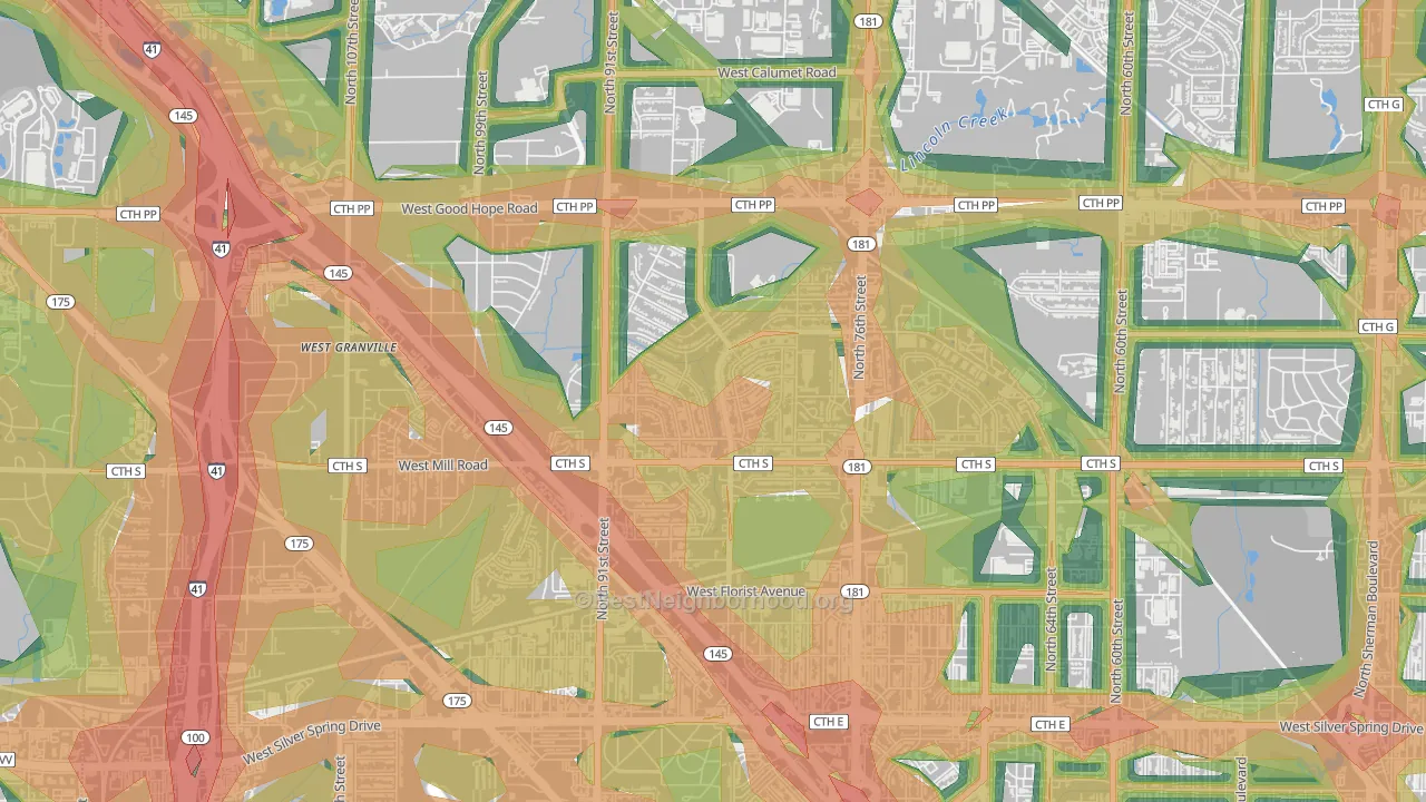 Menomonee River Hills, Milwaukee, WI Map of Noise Levels in Menomonee River Hills