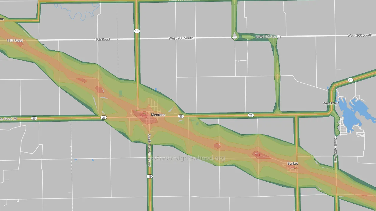 Mentone, IN Map of Noise Levels in Mentone