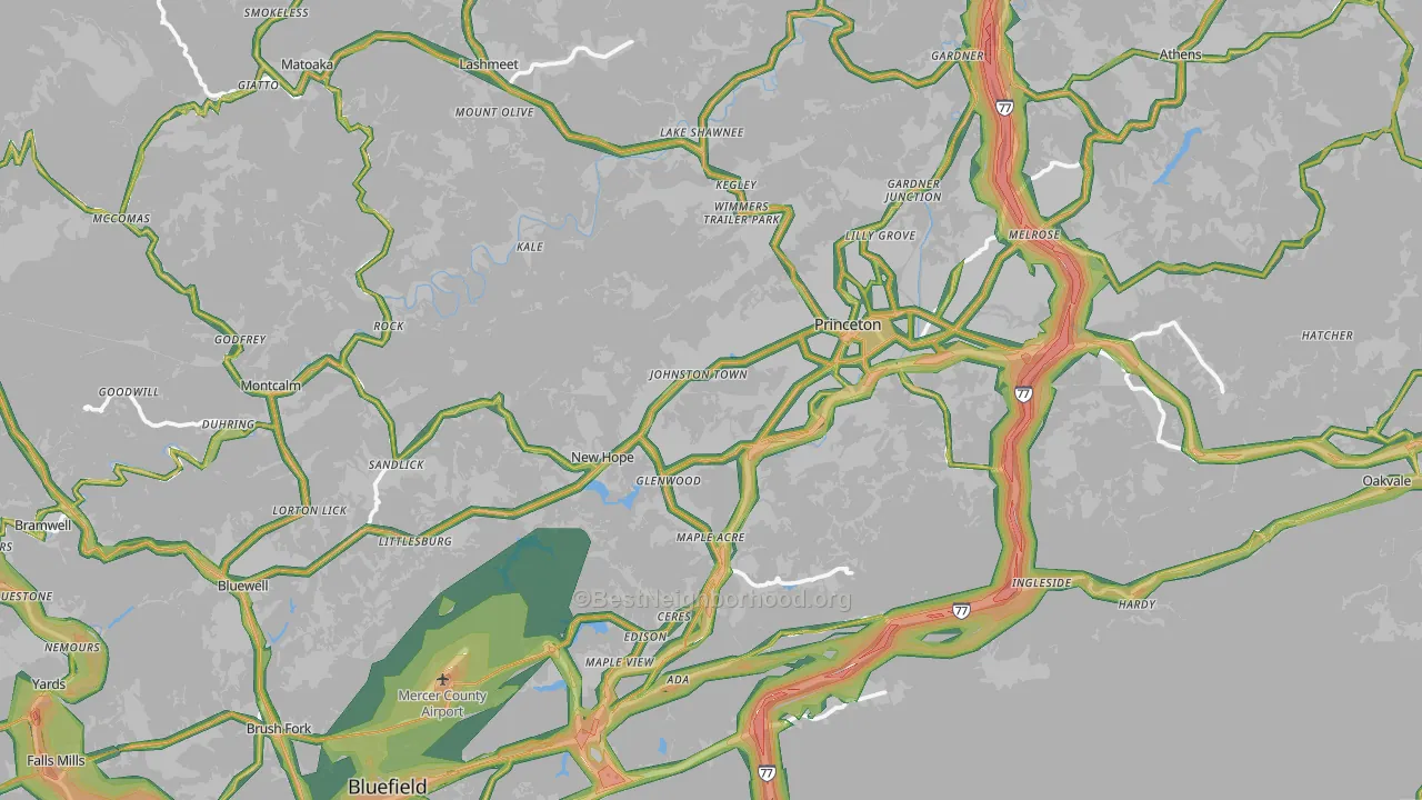 Mercer County, WV Map of Noise Levels in Mercer County