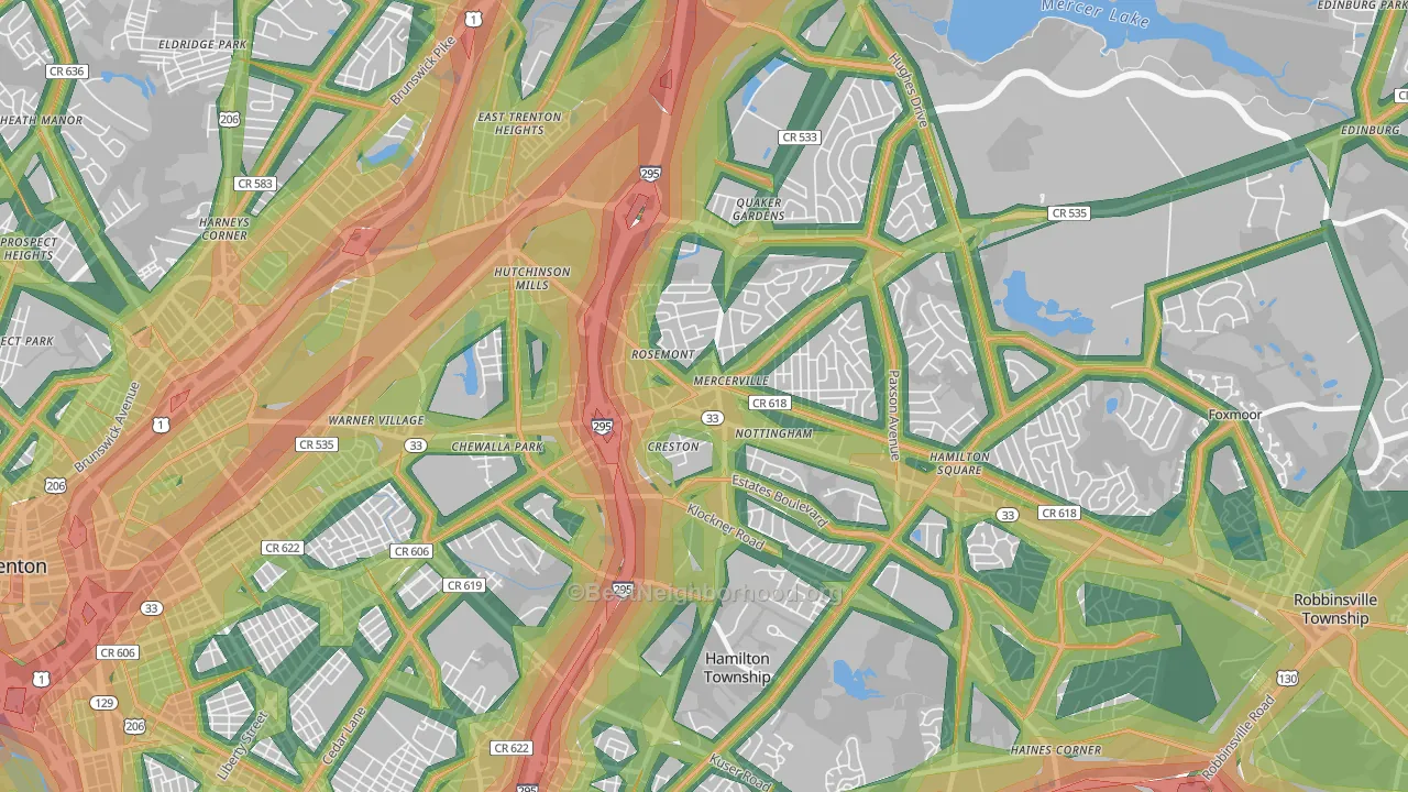 Mercerville, NJ Map of Noise Levels in Mercerville