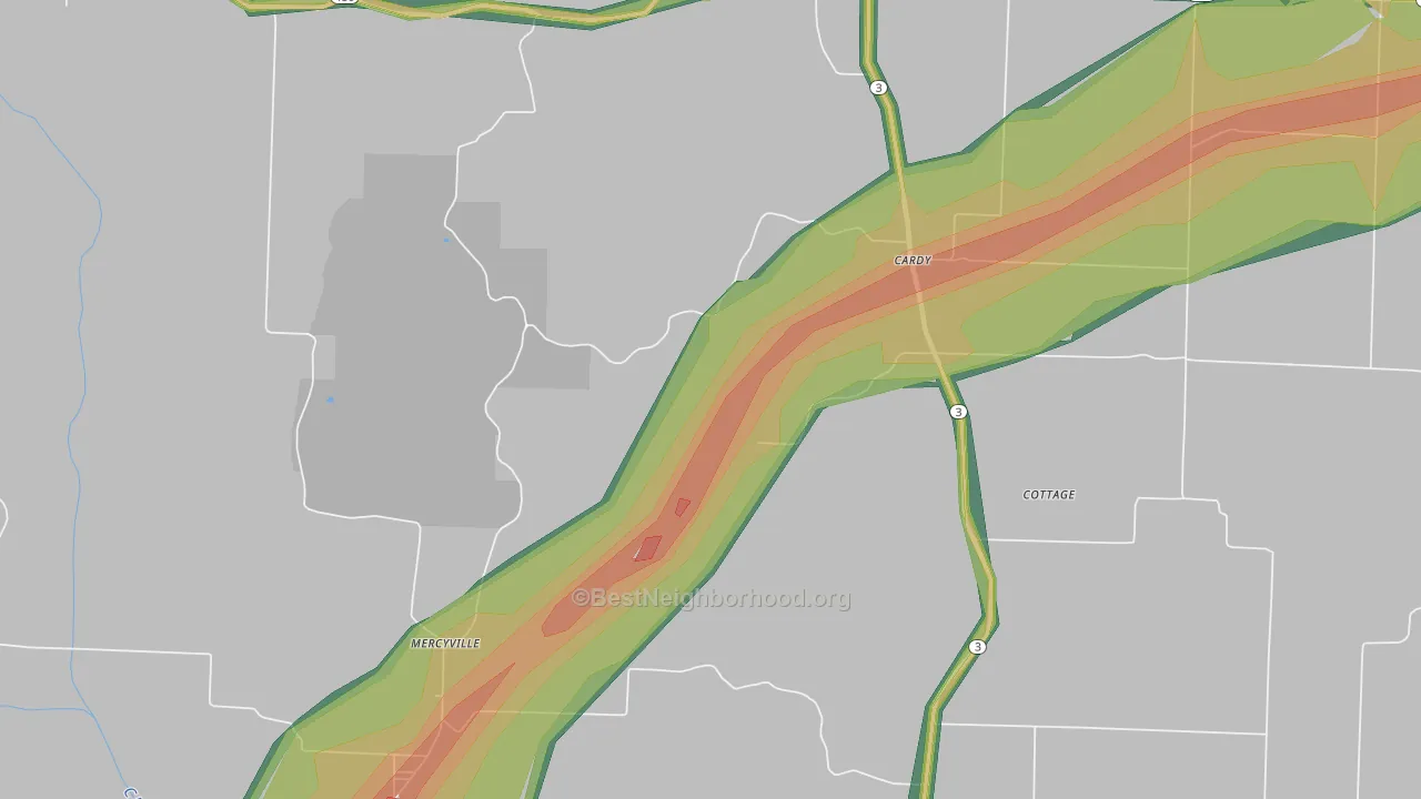 Mercyville, MO Map of Noise Levels in Mercyville