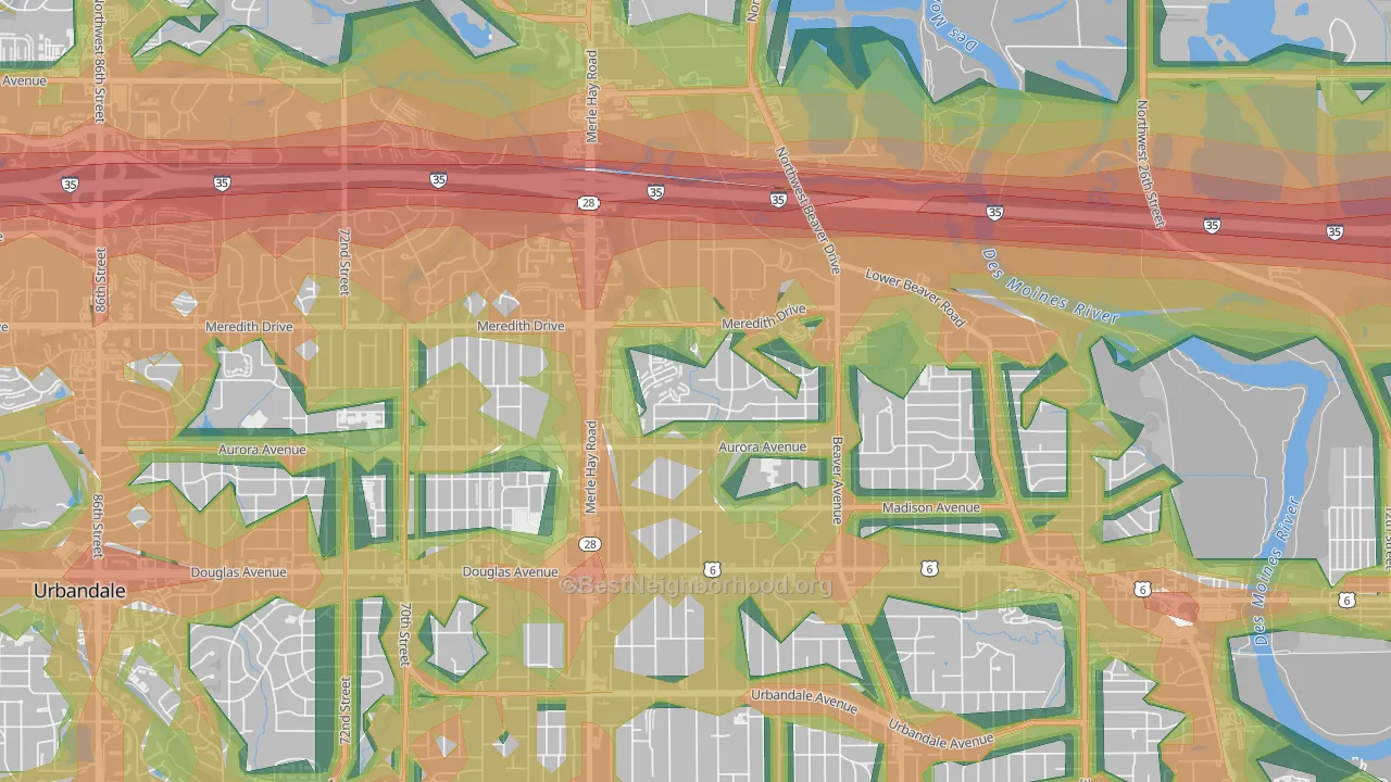 Meredith, Des Moines, IA Map of Noise Levels in Meredith