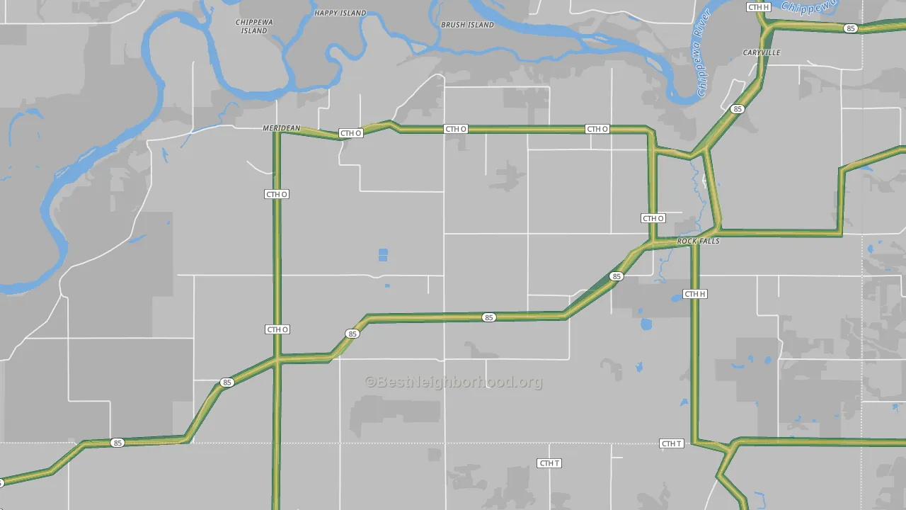 Meridean, WI Map of Noise Levels in Meridean