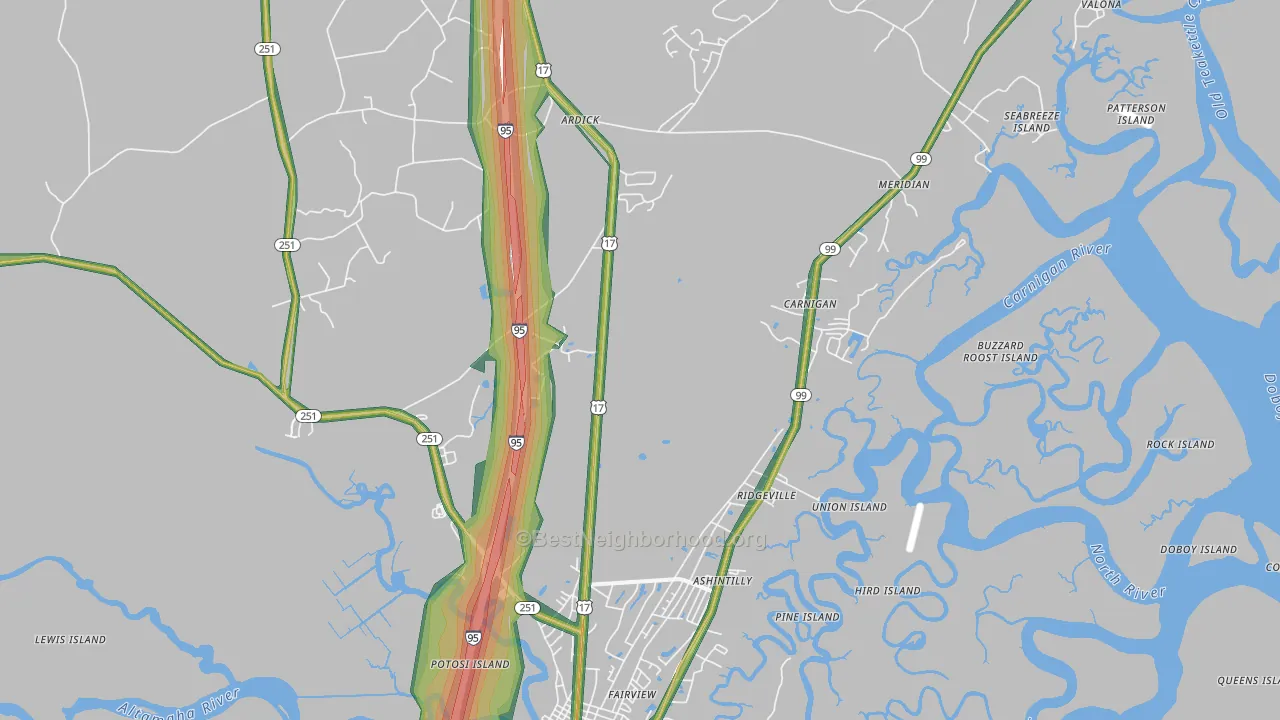 Meridian, GA Map of Noise Levels in Meridian