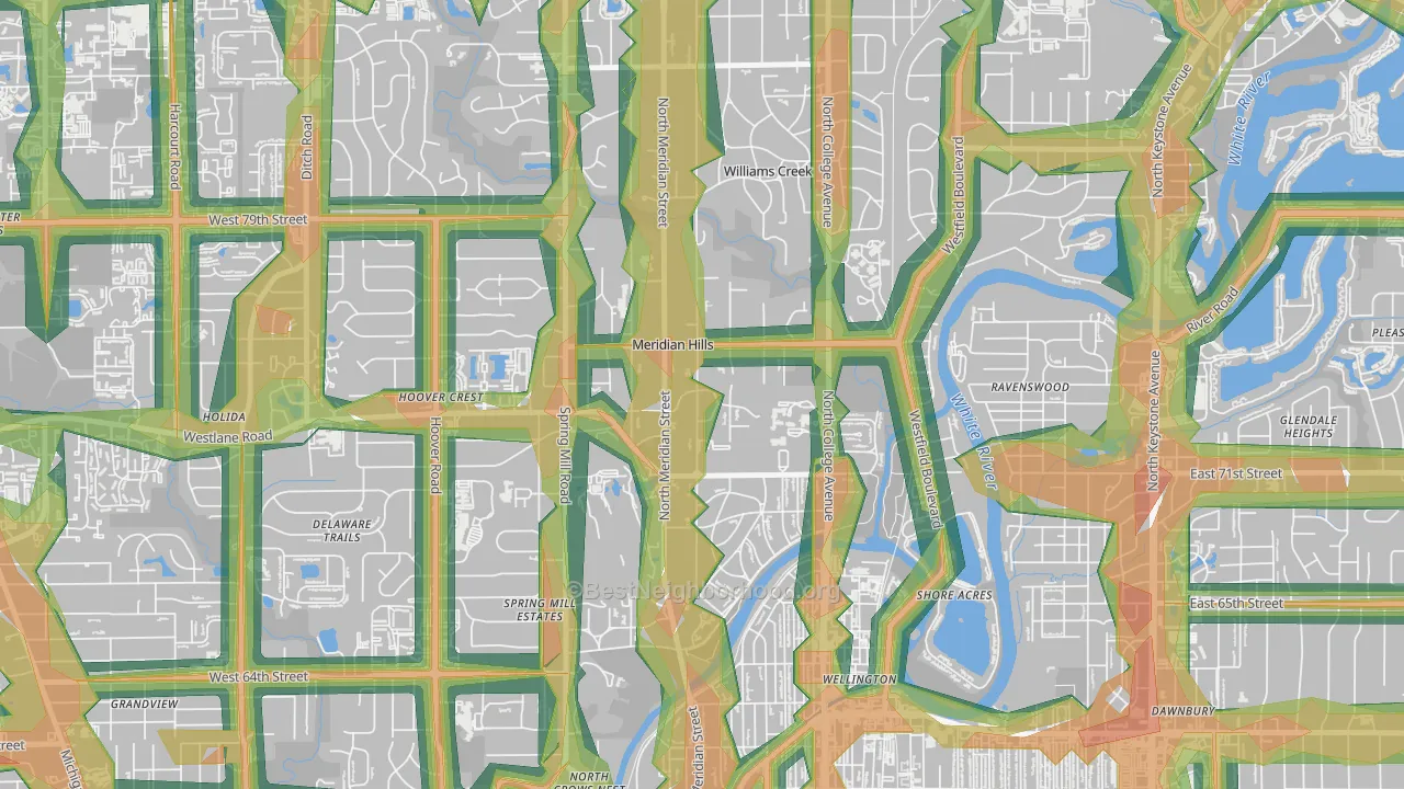 Meridian Hills, IN Map of Noise Levels in Meridian Hills