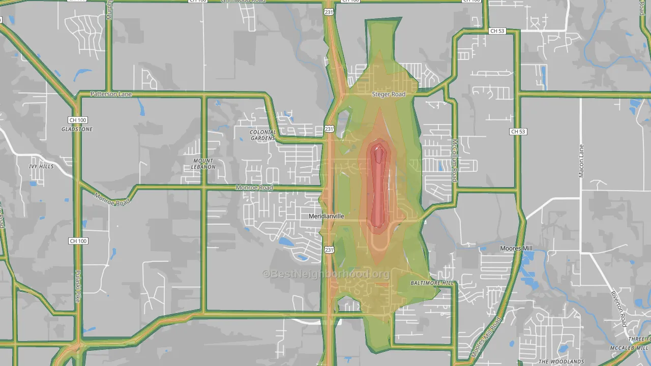 Meridianville, AL Map of Noise Levels in Meridianville