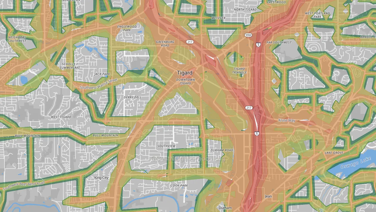 Metzger, Tigard, OR Map of Noise Levels in Metzger