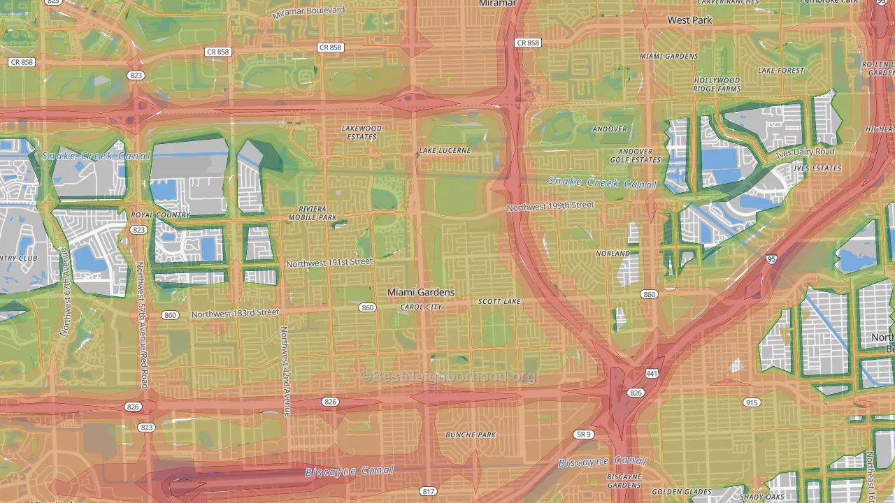 Miami Gardens, FL Map of Noise Levels in Miami Gardens