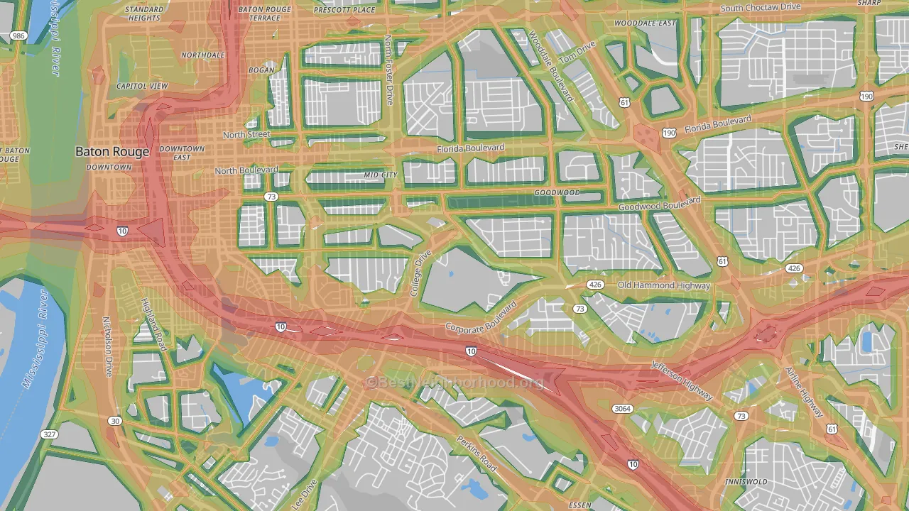 Mid City South, Baton Rouge, LA Map of Noise Levels in Mid City South