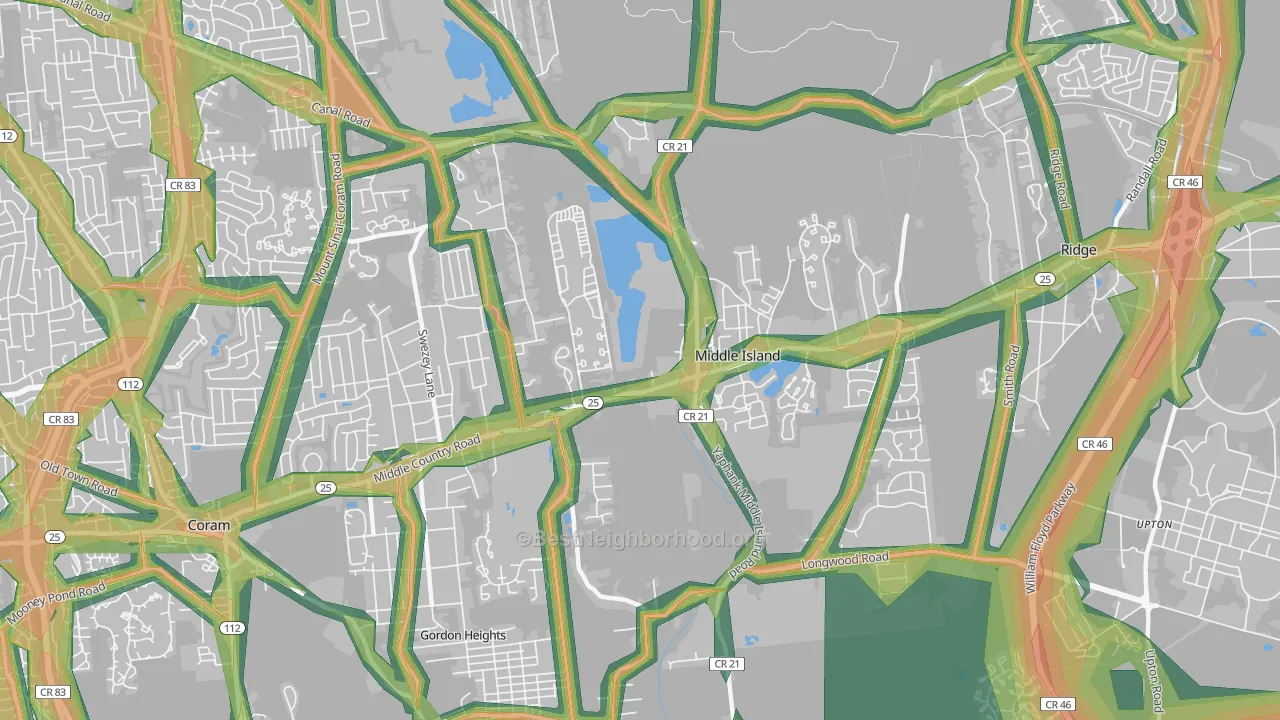 Middle Island, NY Map of Noise Levels in Middle Island