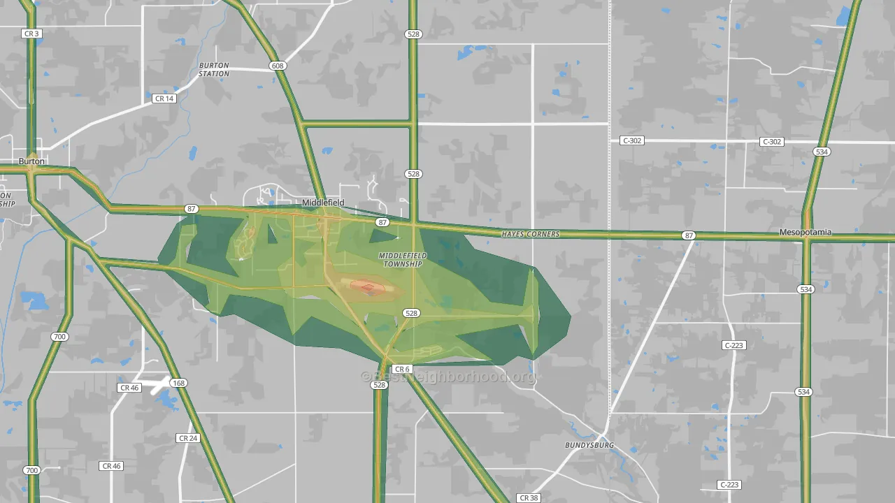 Middlefield, OH Map of Noise Levels in Middlefield