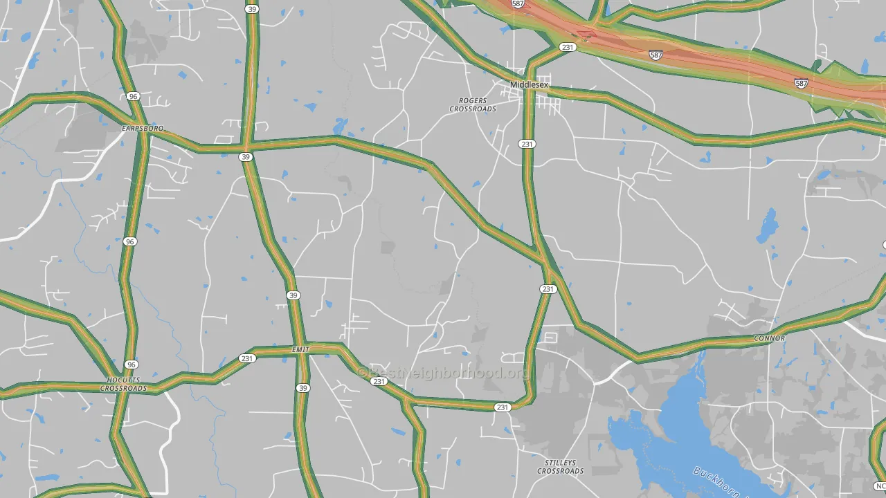Middlesex, NC Map of Noise Levels in Middlesex