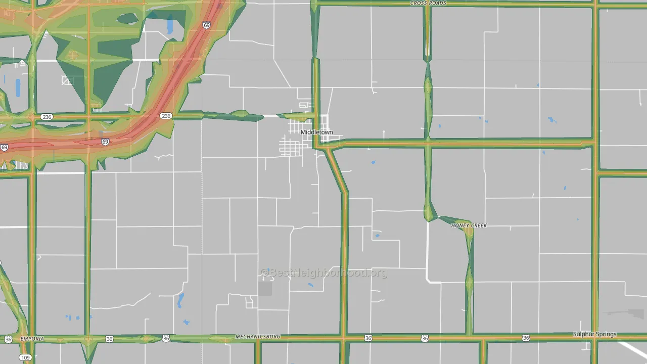 Middletown, IN Map of Noise Levels in Middletown