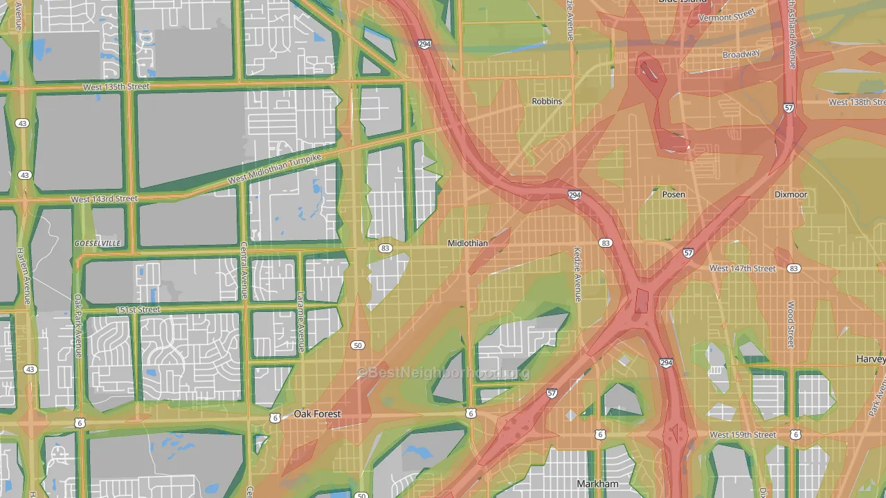 Midlothian, IL Map of Noise Levels in Midlothian