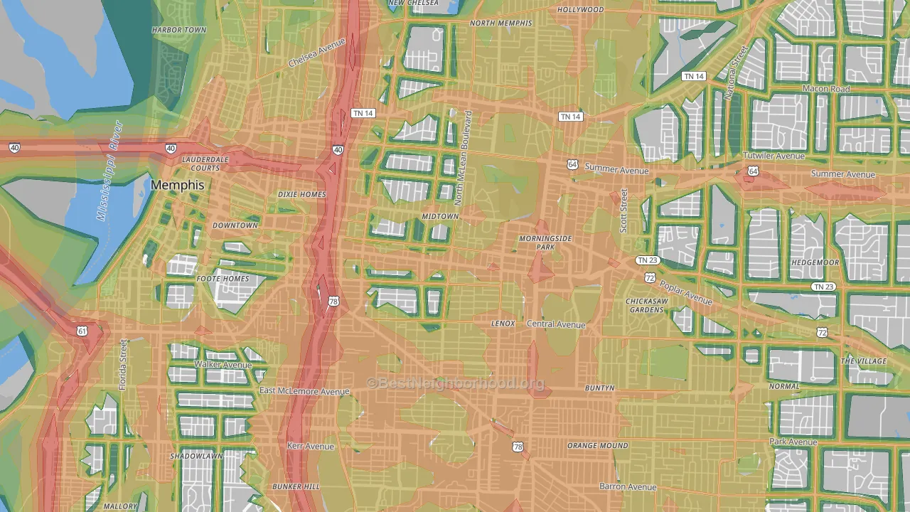 Midtown-Memphis, Memphis, TN Map of Noise Levels in Midtown-Memphis