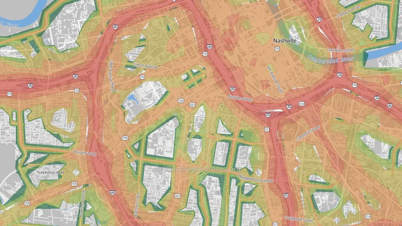 Midtown-Nashville, Nashville, TN Map of Noise Levels in Midtown-Nashville
