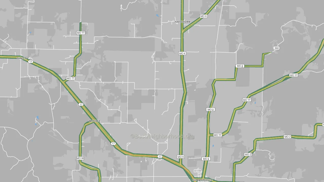 Midvale, MO Map of Noise Levels in Midvale