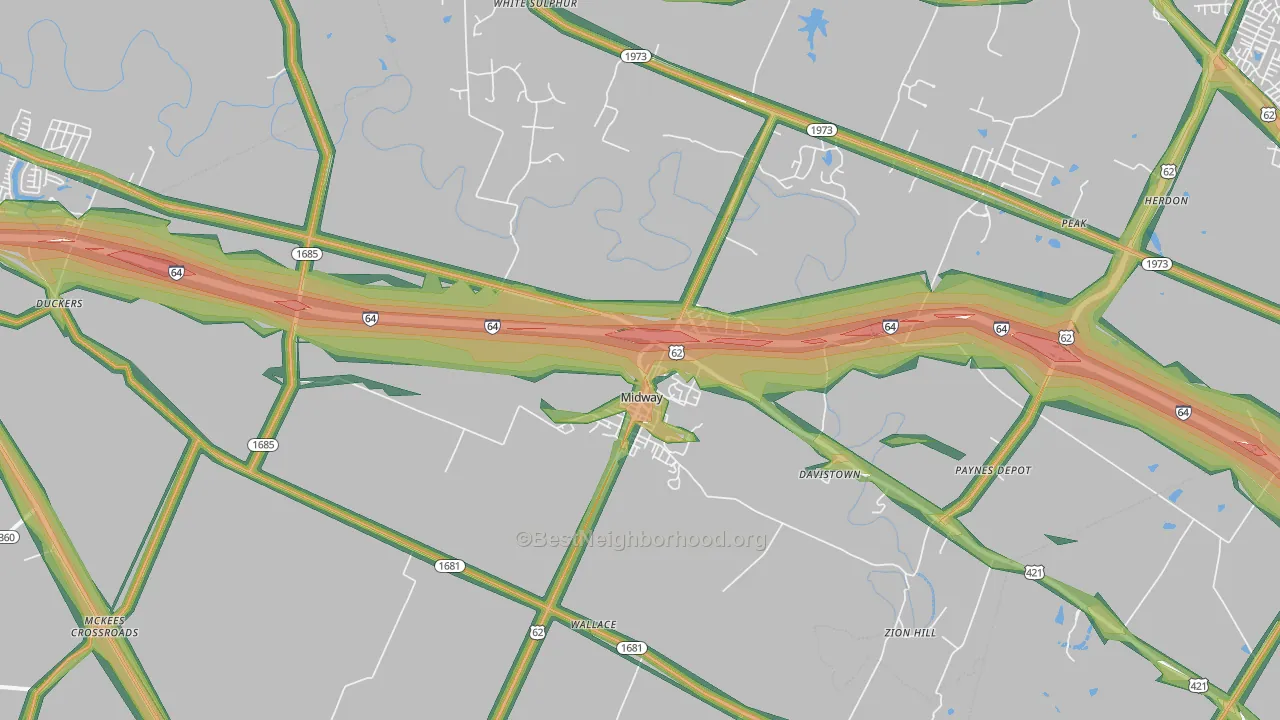 Midway, KY Map of Noise Levels in Midway