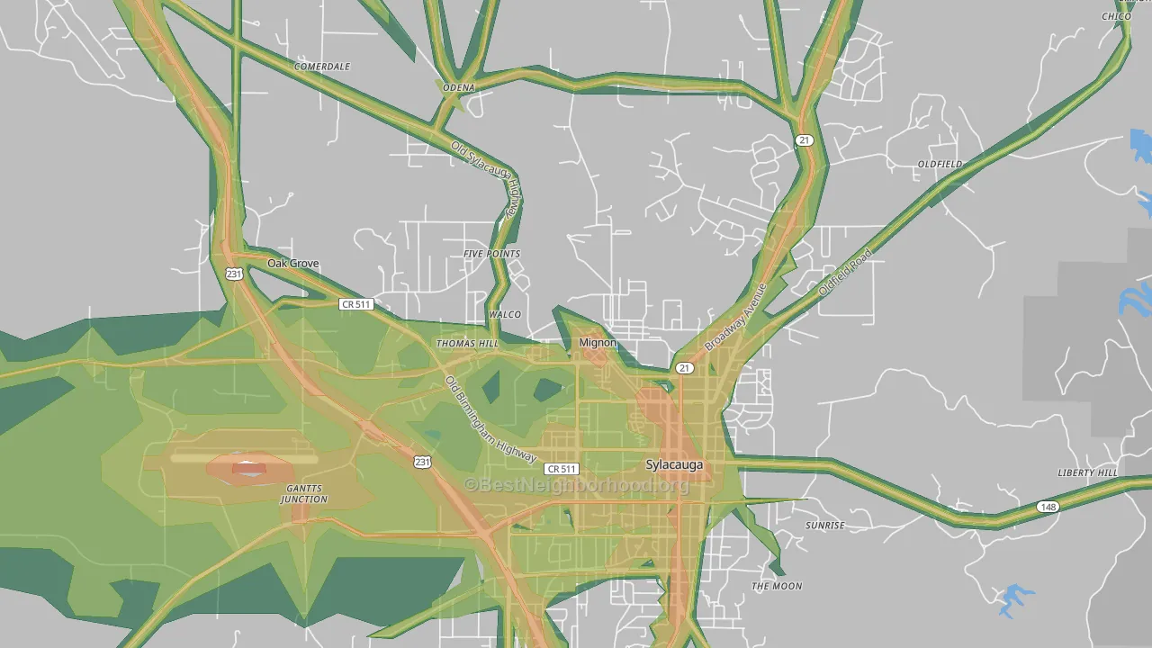 Mignon, AL Map of Noise Levels in Mignon