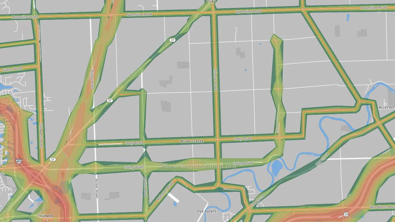 Milan Center, IN Map of Noise Levels in Milan Center