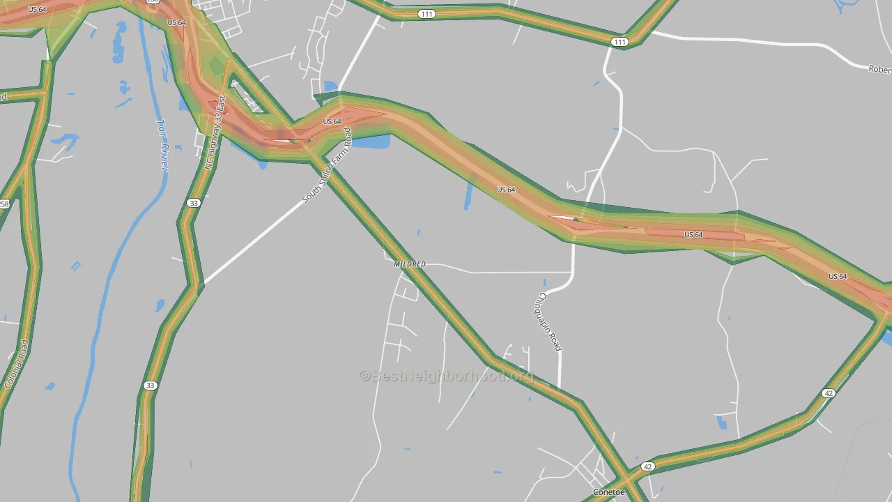 Mildred, NC Map of Noise Levels in Mildred