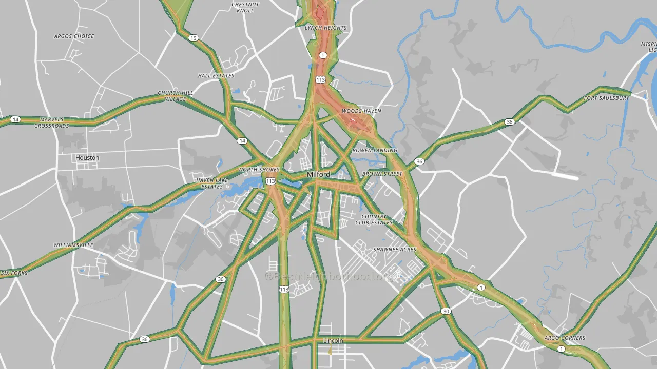 Milford, DE Map of Noise Levels in Milford