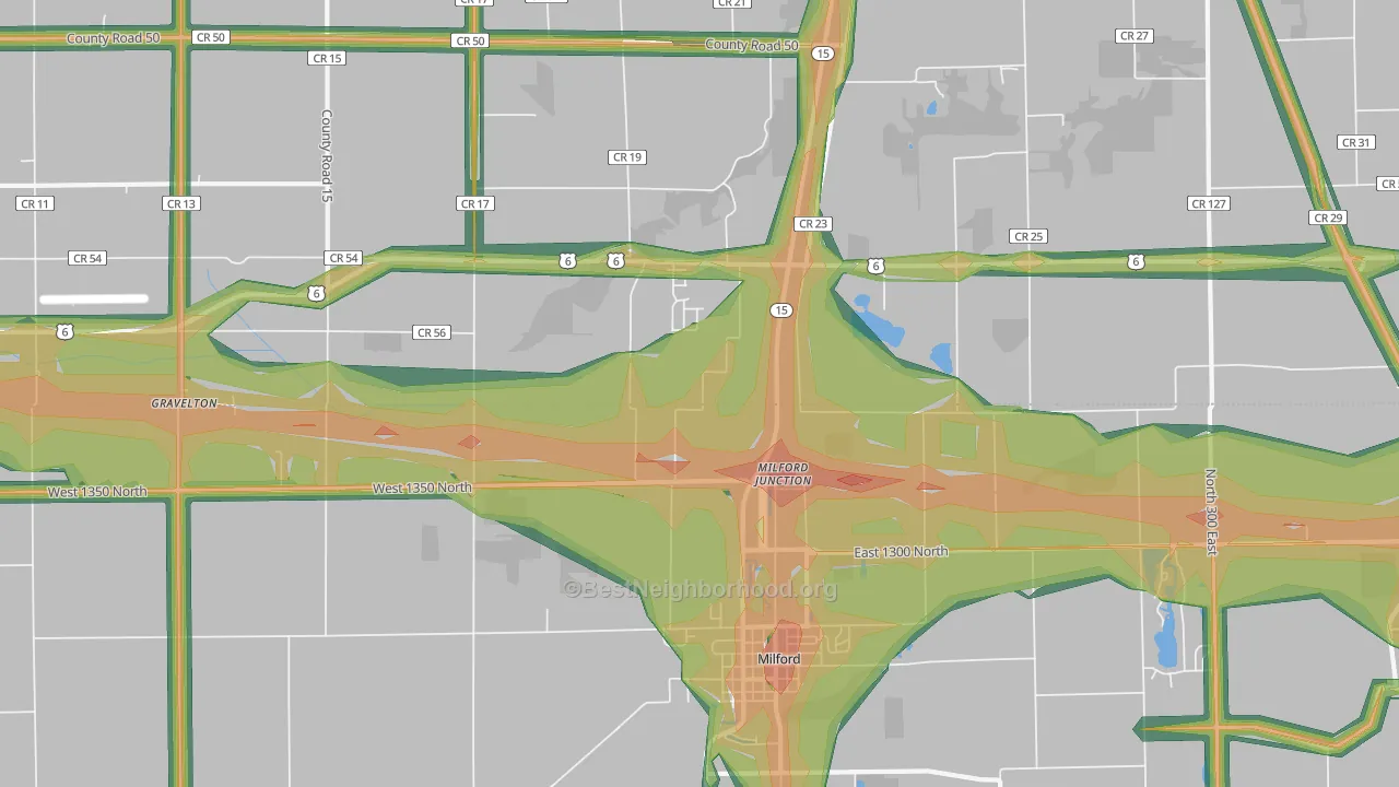 Milford Junction, IN Map of Noise Levels in Milford Junction