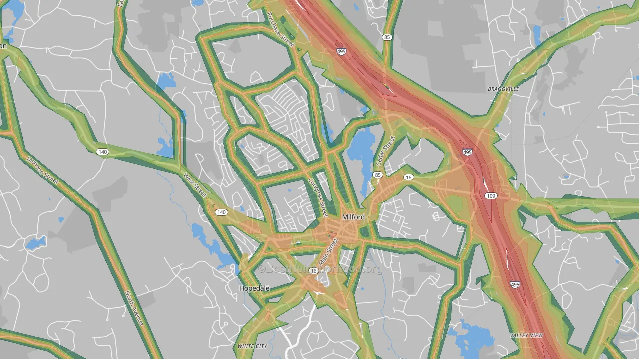 Milford, MA Map of Noise Levels in Milford