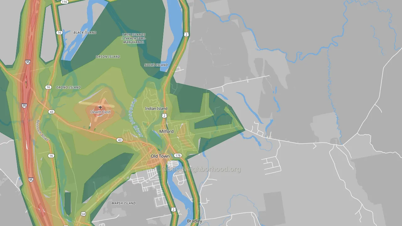 Milford, ME Map of Noise Levels in Milford