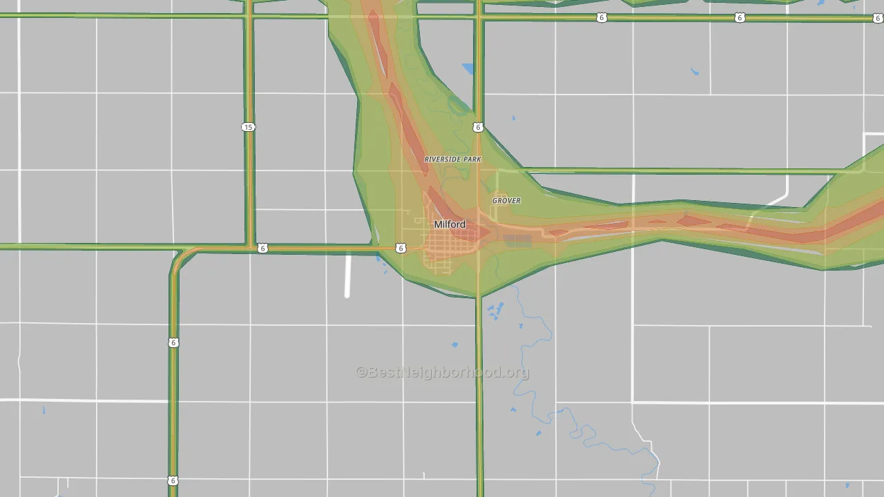 Milford, NE Map of Noise Levels in Milford
