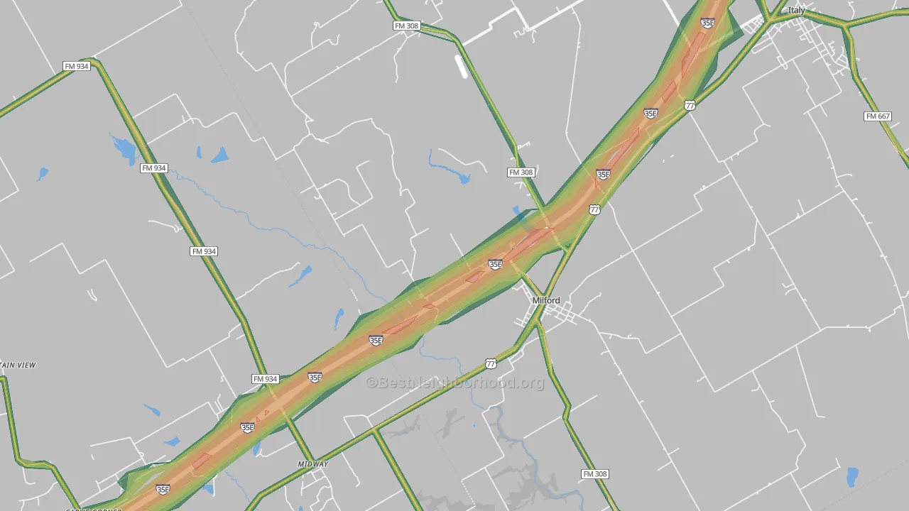 Milford, TX Map of Noise Levels in Milford