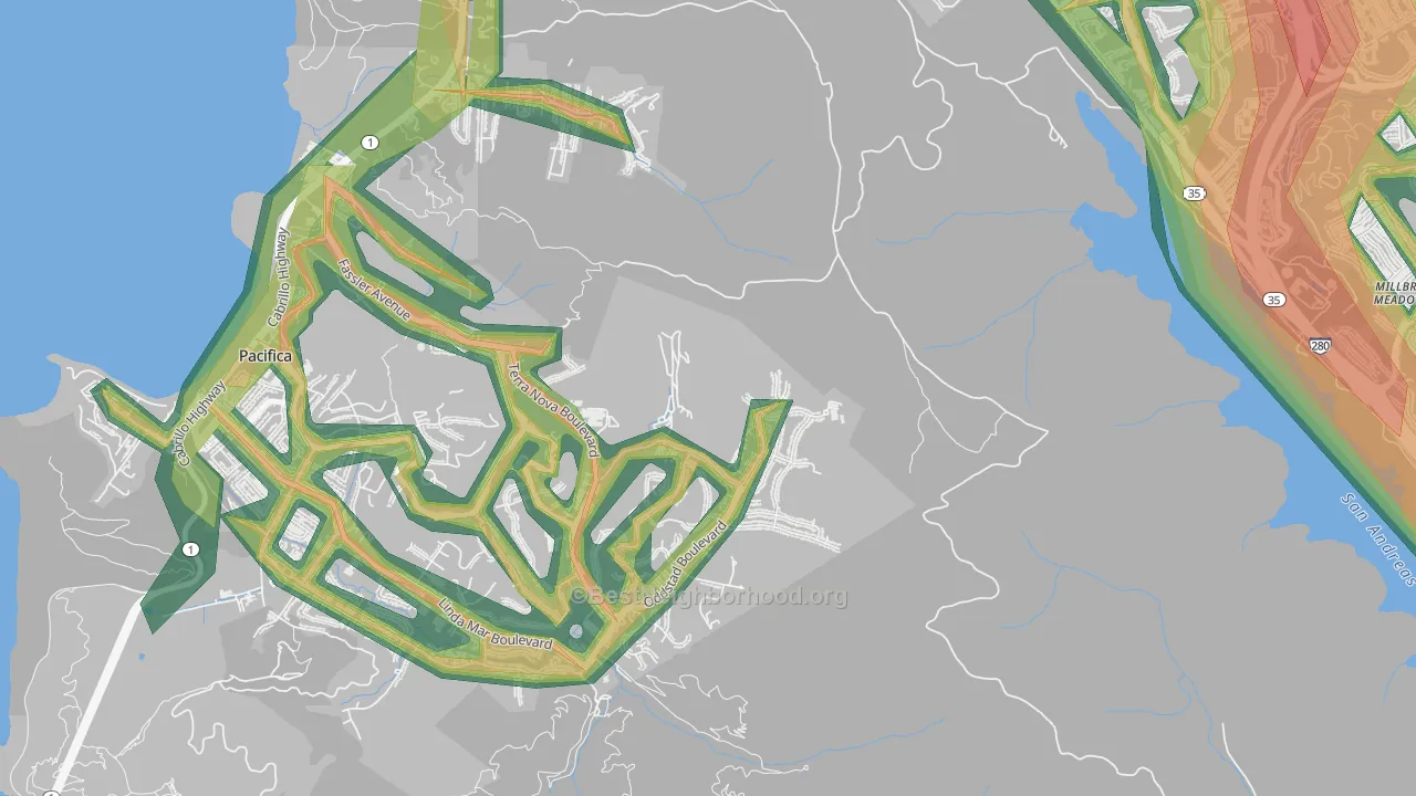 Millbrae Meadows, CA Map of Noise Levels in Millbrae Meadows