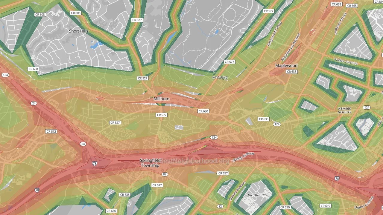 Millburn, NJ Map of Noise Levels in Millburn