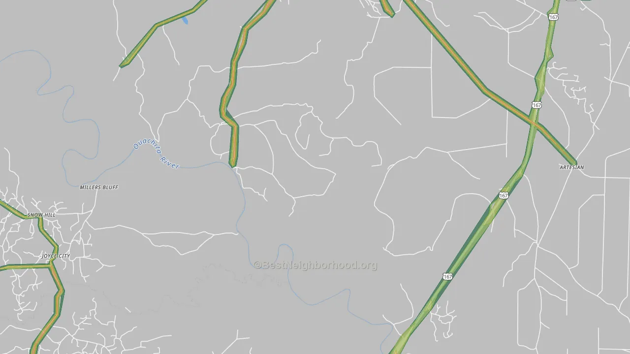 Millers Bluff, AR Map of Noise Levels in Millers Bluff