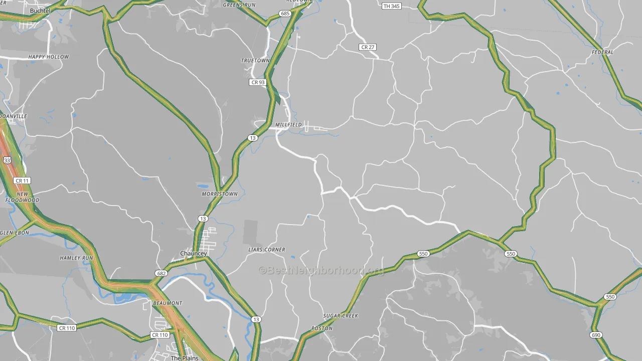 Millfield, OH Map of Noise Levels in Millfield