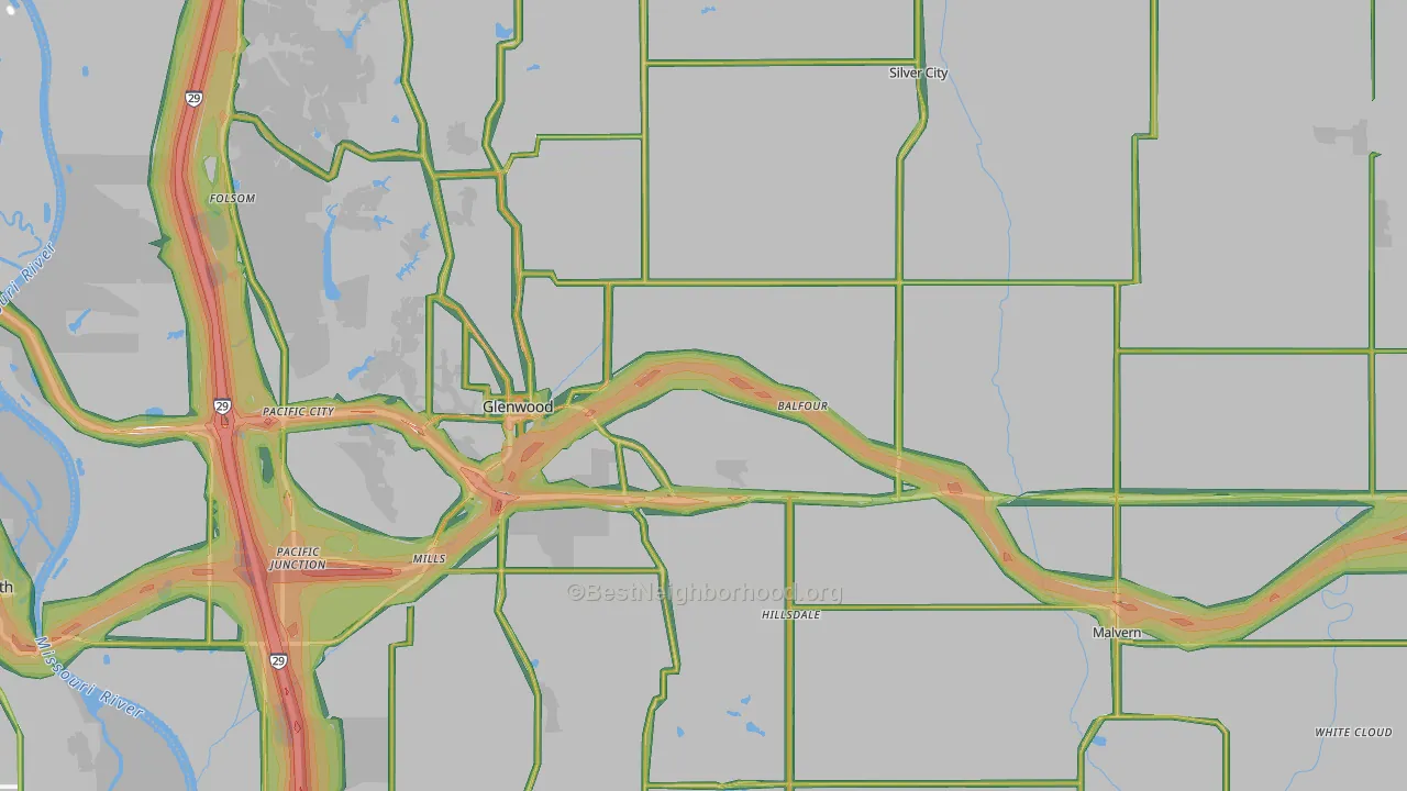 Mills County, IA Map of Noise Levels in Mills County