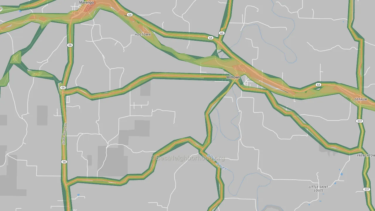 Milltown, IN Map of Noise Levels in Milltown