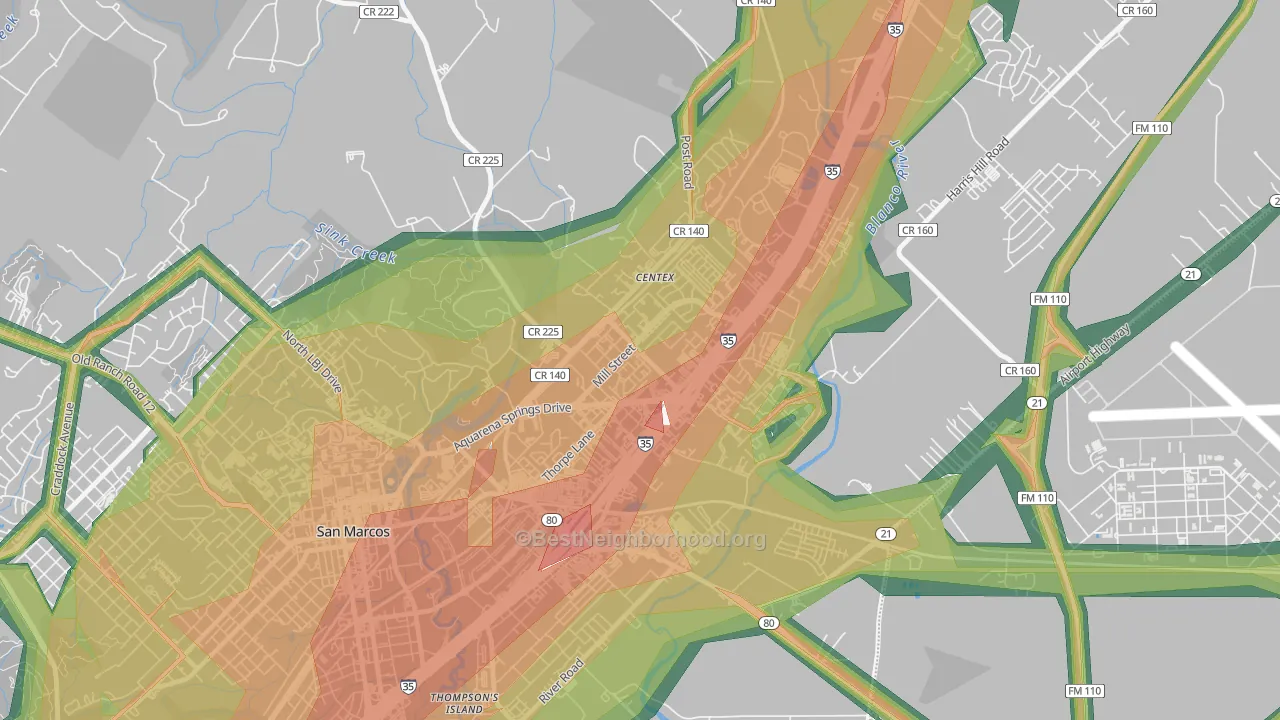 Millview East, San Marcos, TX Map of Noise Levels in Millview East