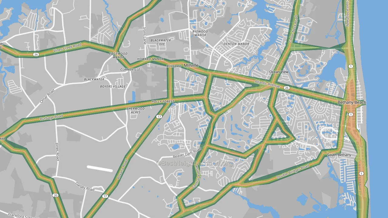 Millville, DE Map of Noise Levels in Millville