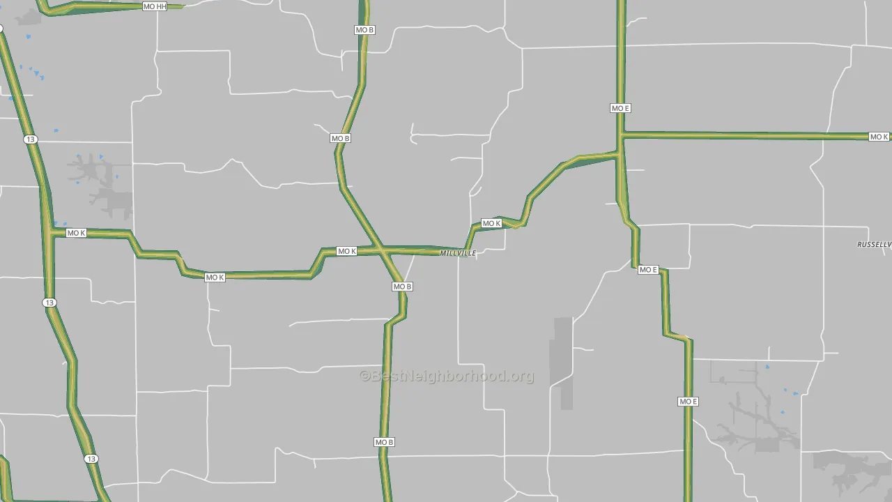 Millville, MO Map of Noise Levels in Millville