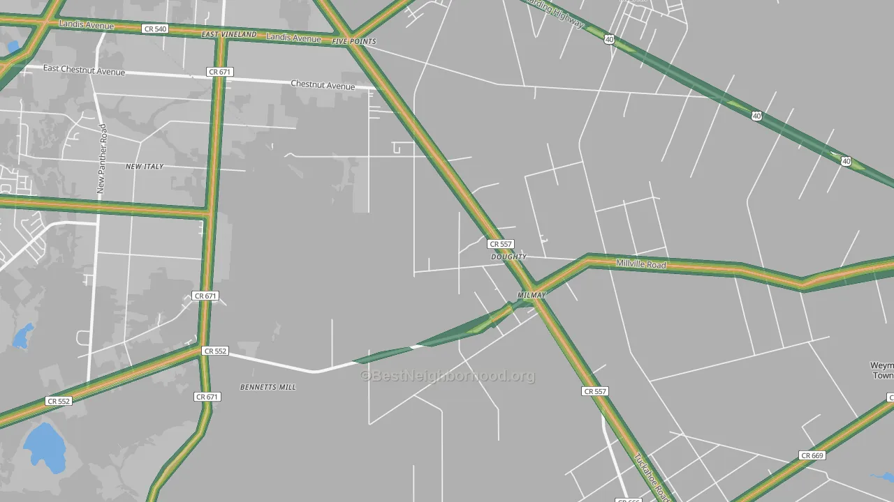 Milmay, NJ Map of Noise Levels in Milmay
