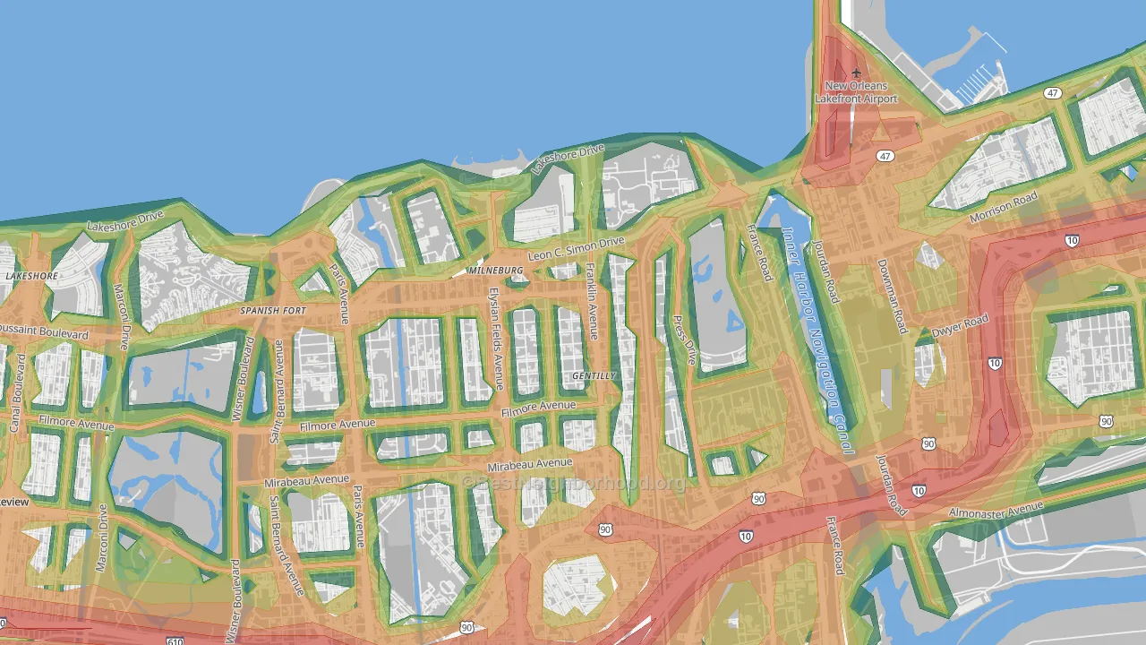 Milneburg, New Orleans, LA Map of Noise Levels in Milneburg