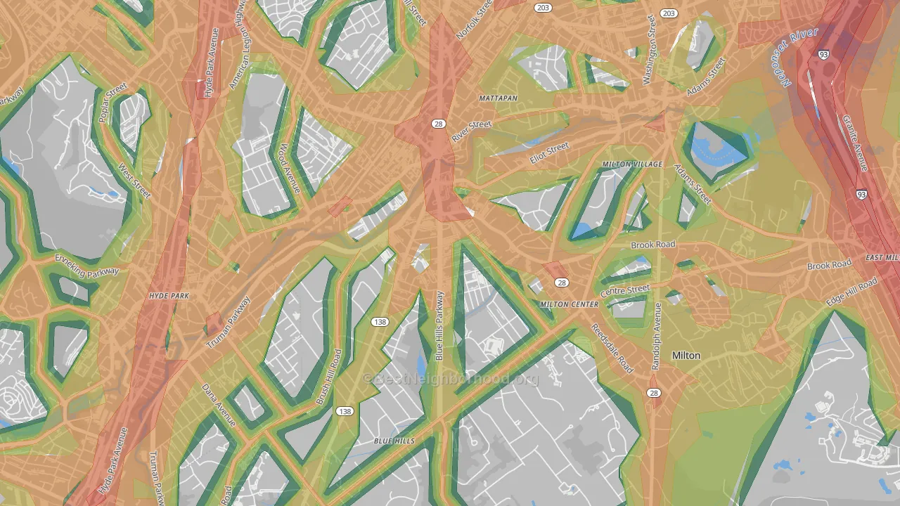 Milton Upper Mills, Milton, MA Map of Noise Levels in Milton Upper Mills