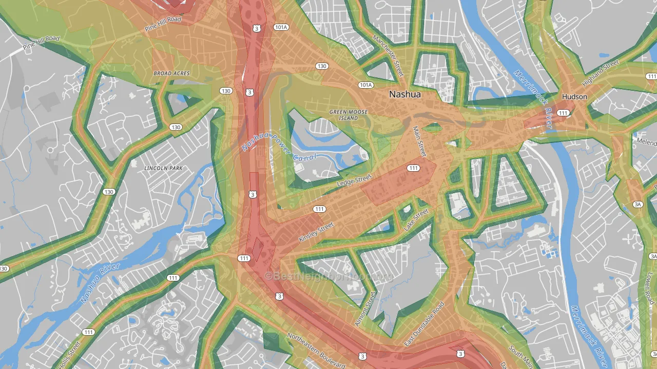 Mine Falls Park, Nashua, NH Map of Noise Levels in Mine Falls Park